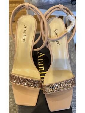 New Aiuniind Pink/Nude Glitter Open Toe Dressy High Heel Shoes 8.5M